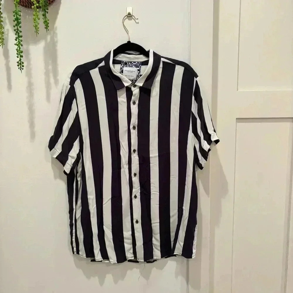 Denim & Flower Men's Nautical Bold Navy Striped ButtonDown Short Sleeve Shirt XL